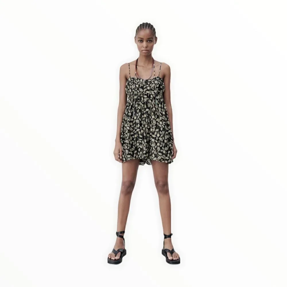 ZARA Black Floral Metallic Thread Romper NWT Sizes S M L Strappy Flowy Jumpsuit - Picture 6 of 12